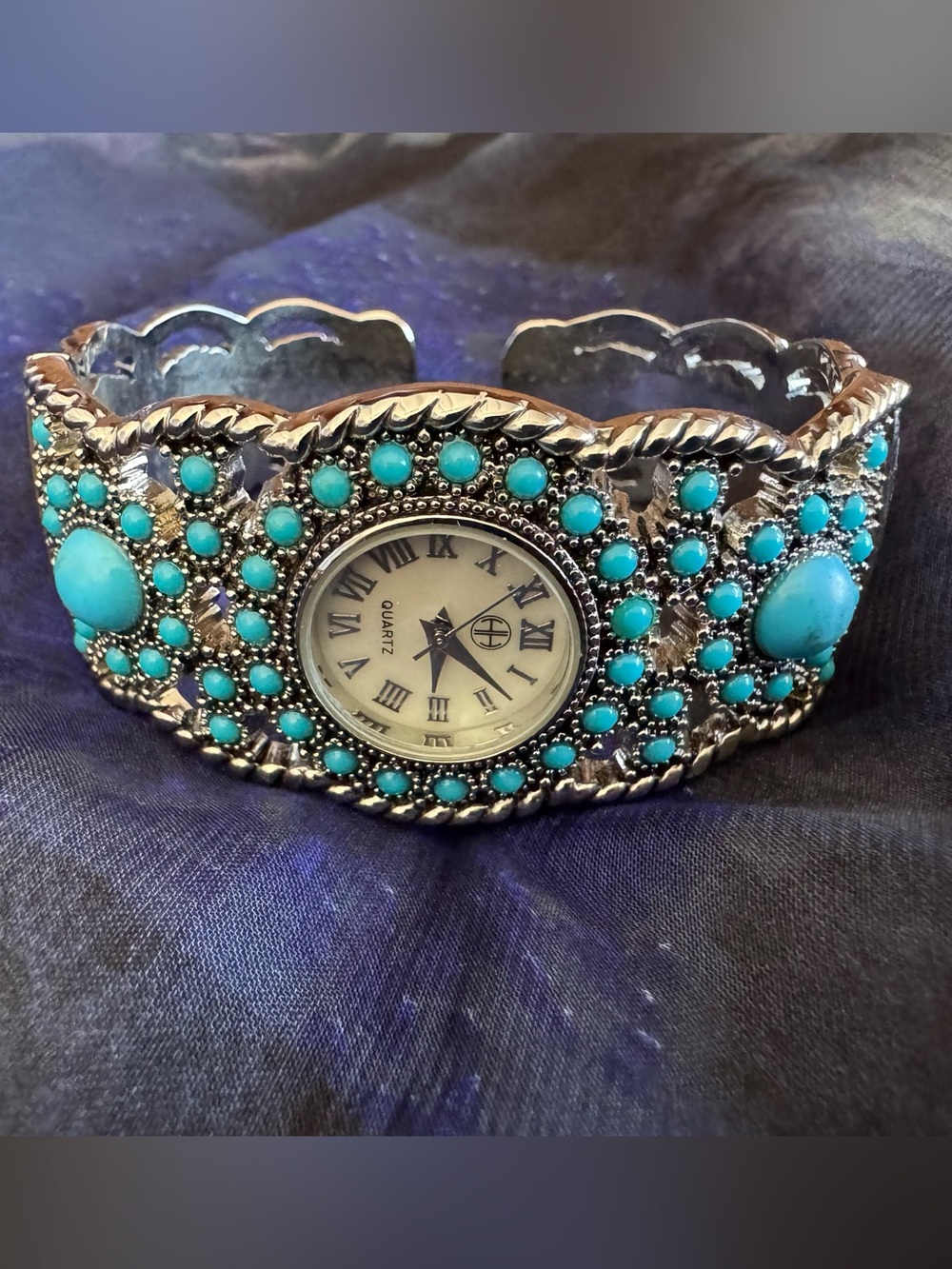 Southwestern Turquoise Cuff Watch Silver Tone Hinged Bracelet Boho Western